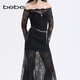 Bebe2025 new autumn and winter women's temperament bell sleeve one-shoulder lace fishtail dress 451004 black S