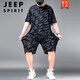 JEEP SPIRIT men's sports suit summer plus size fat men's T-shirt plus fat enlarged short-sleeved shorts casual two-piece set trend black 829 set 2XL