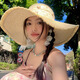 丽纱蓓儿草帽女2025年新款蕾丝蝴蝶结大帽檐法式沙滩帽海边防晒草编遮阳帽 米白色