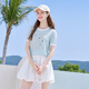 百图betu女装2025夏季新款毛针织衫撞色领字母印花短袖上衣女2505X26 浅兰 L