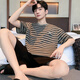 
Hongdou (Hodo) pajamas for men's summer short-sleeved home clothes striped casual summer suit YZT679 men L [Suggested 110-135 Jin [Jin equals 0.5 kg] wear]