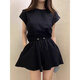 Hang Xindong Korean summer design niche temperament rear slit strap short-sleeved T-shirt top + drawstring shorts two-piece set for women white *897 single size