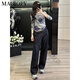 MAGIOPY international luxury high-end brand Hong Kong style retro fashion suit for women 2025 spring fashionable slim gray long-sleeved T-shirt gray top + dark blue jeans S (100Jin [Jin equals 0.5 kg])