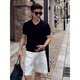 Tulan old money style outfit suit for men 2025 new American Henry collar knitted short-sleeved men's thin linen shorts, a set of two, black polo shirt + white shorts XL (suitable for 130-145 Jin Jin equals 0.5 kg