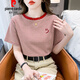 皮尔卡丹（pierre cardin）条纹短袖t恤女宽松韩版女装2025年夏季新款百搭体恤圆领半袖上衣 红色 9928 S 建议80-95斤