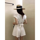 Hang Xindong Korean summer design niche temperament rear slit strap short-sleeved T-shirt top + drawstring shorts two-piece set for women white *897 single size
