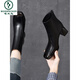 Woodpecker 2026 New Spring and Autumn Square Toe Short Boots Women's Genuine Leather High Heel Ankle Boots Autumn and Winter Thick Heel Medium Heel Leather Shoes Plus Velvet Women's Shoes Black Single Liner Heel Height 6cm 41