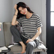 
PURCOTTON Cotton Era Summer Pajamas for women Pure Cotton Stripe Short Sleeve Trousers Thin Summer 2025 New Cotton Home Furnishing 7374 Bean Paste M [80-100Jin [Jin equals 0.5 kg]]