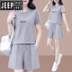 JEEP SPIRIT运动服套装女夏季2025新款宽松大码纯|棉短袖短裤休闲百搭两件套 灰色【舒适纯棉面料】 M (80-95斤)