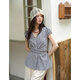 
Mystery lace lace short-sleeved shirt for women 2025 summer new bow tie puff sleeve shirt waist top trendy blue grid S