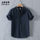 JEEP SPIRIT Henry collar linen short-sleeved shirt men's collarless men's cotton and linen shirt t-shirt top polo shirt summer Chinese style RC210 dark blue M