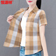 Hengyuanxiang high-end cotton plaid shirt for women short-sleeved 2025 summer new fashionable temperament shirt fashionable outer shirt WJG9201 blue long sleeve S recommended 80-95Jin [Jin equals 0.5 kg]