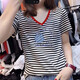 Gtyuwvg reines Baumwollwesen V-Ausschnitt mit kurzer Ärmel T-Shirt für Frauen 2025 neue europäische Waren Schulter Hühnchen Herzkragen gestreiftes Druck T-Shirt Top Trend 6223 Schwarz-Weiß-Streifen V-Ausschnitt S