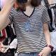 Gtyuwvg reines Baumwollwesen V-Ausschnitt mit kurzer Ärmel T-Shirt für Frauen 2025 neue europäische Waren Schulter Hühnchen Herzkragen gestreiftes Druck T-Shirt Top Trend 6223 Schwarz-Weiß-Streifen V-Ausschnitt S