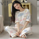 
VTT pajamas for women in summer pure cotton short-sleeved trousers thin cotton summer round neck home clothing set can be worn outside V short-sleeved trousers: YZT9720 M