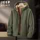 JEEP SPIRIT Jeep Polar Fleece Jacket Men's Autumn and Winter Plush Hooded Jacket Men's Cardigan Fleece Jacket Black XL
