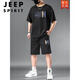 JEEP SPIRIT男士运动套装夏季大码胖子男装T恤加肥加大短袖短裤休闲两件套潮 黑色829一套 2XL