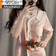Modal Palace Style Pajamas for Women Summer Set Thin Cool Ice Silk Short Sleeve Trousers Purple Girl Jacquard Home Clothing YFY-9905 [Peach Short Sleeve Trousers] M [Suggested 80-100Jin [Jin equals 0.5 kg]]