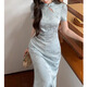 Plain brocade cheongsam new Chinese style high-end 2025 women's dress Chinese style republic of China medium and long engagement dress for women dark pattern jacquard literary cheongsam blue L recommended weight (100-130) Plain brocade cheongsam new Chinese style high-end 2025 women's dress Chinese style republic of China medium and long engagement dress for women dark pattern jacquard literary cheongsam blue L recommended weight (100-130)