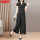 Hengyuanxiang high-end suit for women 2025 summer new style temperament, age-reducing and slimming belly, mother wear wide-leg pants two-piece suit black 1416# XL [101-115Jin[Jin equals 0.5 kg]]