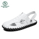 Woodpecker 2025 summer genuine leather men's bag-toe soft-soled sandals wear outside to drive beach business high-end casual sandals M9855 black waterproof and non-slip 38