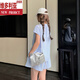 维多利亚的格调蓝色棉麻套装裙女夏小个子巨好看时尚洋气时髦短袖短裤休闲两件套 蓝色 两件套 设计师原版 S (建议105斤以下)