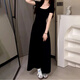 Muni Square Collar Taille Hugging Kleid Französisches Temperament Schwarzes Sommer Ladies Outfit Slim A-Line Long Rock Pendelpendel und ungezwungenes Kleid mit kurzer Ärmeln [Schwarz] Empfohlen 90-120 Jin [Jin ist 0,5 kg]
