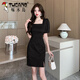 Woodpecker New Chinese Improved Cheongsam Skirt Women's Retro Patch-button Jacquard Dress Summer Square Collar Puff Sleeve Slit Hip Skirt 983-2 Long Black M