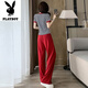Playboy (Playboy) Casual Sports-Anzug für Frauen im Sommer 2025 Neue kleine und modische altersreduzierende Streife kurzärmeliges Zwei-Stück-T-Shirt mit weit geschwindiger Hose-Flaggschiff L [vorgeschlagen 100-115jin [Jin gleich 0,5 kg]]