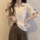 
Ran Yilan large size women's clothing design touch pocket waffle short-sleeved T-shirt female fat girl looks slim and covers her belly POLO collar top 16869#green S