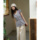 
Mystery lace lace short-sleeved shirt for women 2025 summer new bow tie puff sleeve shirt waist top trendy blue grid S