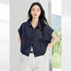 
White slack and casual denim shirt for women 2025 summer new design drawstring Laiser shirt short jacket denim blue M