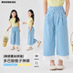 
moonkids girls wide-leg pants 2025 summer thin plaid cropped pants children's lace lace pants summer new fashionable two-pair [15295 blue + 15266 blue] 150 cm
