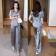 Xin Yimei Fashion Set Damen 2025 Sommerstil Female Abdeckung von Fleisch schlampig Kurzarmhemd Wide Legs Ice Wire Zwei-teiliger grauer XL [Gewicht 111-120jin [Jin gleich 0,5 kg]]