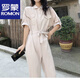 罗蒙（ROMON）时尚短袖工装连体裤女2025夏季新款小个子休闲宽松阔腿直筒连衣裤 浅杏色 S 80-95斤