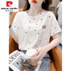 Pierre cardin pure cotton printed T-shirt for women short-sleeved summer 2025 new loose print design versatile T-shirt top trend Guangzhou Thirteen Lines 1396 white + 8201 blue grid M suitable for 100-109Jin [Jin equals 0.5 kg]