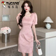 Woodpecker New Chinese Improved Cheongsam Skirt Women's Retro Patch-button Jacquard Dress Summer Square Collar Puff Sleeve Slit Hip Skirt 983-2 Long Black M