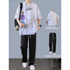 Jiaojing gradient color summer suit for men's teenagers thin style comfortable and breathable 2025 new trendy handsome fashionable two-piece set two-piece set 693 beige + black ice silk pants M Recommended 100 Jin [Jin equals 0.5 kg] below