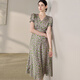 
ROEYSHOUSE ROYE Elegant V-neck Floral Dress for Women 2025 Summer New Fashion Puff Sleeve Waist-Close Mid-Long Skirt 12138 Floral XL