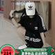 Adidas Clover Casual Embroidery Sports Set Short Sleeve Shorts Set T-shirt Men and Women Summer Round Neck Loose Two-Piece Set [Two-Piece Set] White 9889 Short Set 3XL 140-160Jin [Jin equals 0.5 kg]