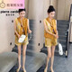 Shenglaixi National Style and Noble Fashion Suit for Women 2025 Summer Nuevo estilo de manga de tejido Botón de empalme Shorts Sets de dos piezas para mujeres 12158 amarillo Madre M Recomendado 80-95Jin [Jin equivale a 0.5 kg]