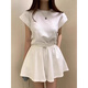 Hang Xindong Korean summer design niche temperament rear slit strap short-sleeved T-shirt top + drawstring shorts two-piece set for women white *897 single size