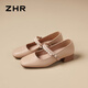 ZHR Mary Jane shoes for women in summer thick heel real cowhide pearl women's shoes temperament versatile single shoes for women AH692 apricot color 35