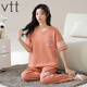 
VTT pajamas for women in summer pure cotton short-sleeved trousers thin cotton summer round neck home clothing set can be worn outside V short-sleeved trousers: YZT9720 M