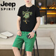 吉普（JEEP）短袖套装男夏季新款潮流休闲时尚男士圆领烫钻t恤休闲两件套 T9909黑色【短袖+短裤】 M 90-110斤