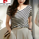 Pierre cardin French striped short-sleeved T-shirt for women in summer 2025 new loose slim v-neck thin knitted ice silk top DX829# striped color M Recommended 100-115Jin [Jin equals 0.5 kg]