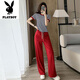 Playboy (Playboy) Casual Sports-Anzug für Frauen im Sommer 2025 Neue kleine und modische altersreduzierende Streife kurzärmeliges Zwei-Stück-T-Shirt mit weit geschwindiger Hose-Flaggschiff L [vorgeschlagen 100-115jin [Jin gleich 0,5 kg]]
