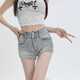 Light blue denim shorts for women in summer new high waist stretch slim fit a-line tight hip hot pants retro blue M