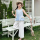 Disney girls suit summer thin girl bohemian sleeveless t-shirt wide-leg pants suit TD2ET012 blue and white 160