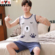 Yalu men's sleeveless pajamas summer loose vest cartoon trend among teenagers large-size cotton 1283 vest male denim orchid dolphin teeth M teenager version [60-70Jin [Jin equals 0.5 kg]]
